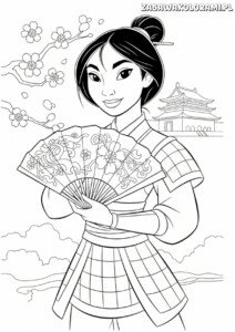 Kolorowanka księżniczki Mulan - zabawa z wachlarzem