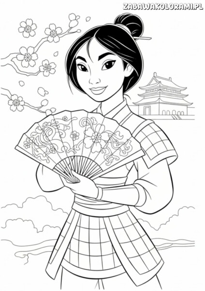 Kolorowanka księżniczki Mulan - zabawa z wachlarzem