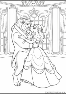 Kolorowanka księżniczki Piękan i Bestia - tańcząca para w salonie balowym
