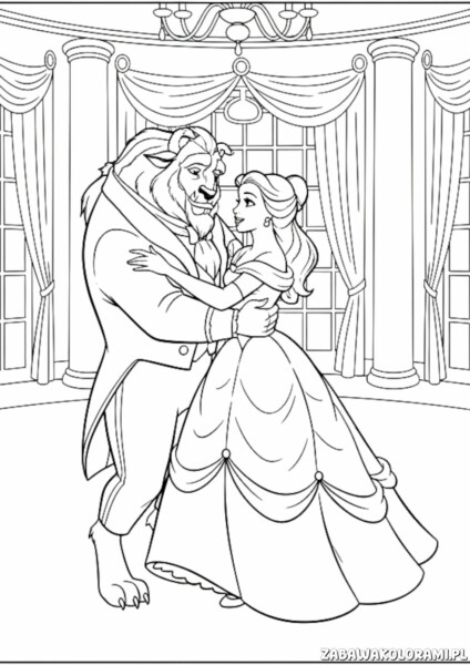 Kolorowanka księżniczki Piękan i Bestia - tańcząca para w salonie balowym