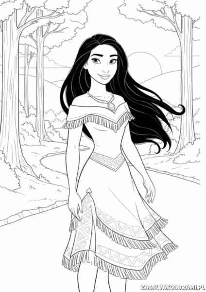 Kolorowanka księżniczki Pocahontas przedstawiająca dziewczynę w lesie
