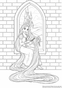 Kolorowanka księżniczki Roszpunka - księżniczka z długimi włosami i zamkowym tłem