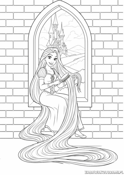 Kolorowanka księżniczki Roszpunka - księżniczka z długimi włosami i zamkowym tłem