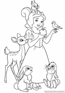 Kolorowanka księżniczki Śnieżka z przyjaciółmi z lasu