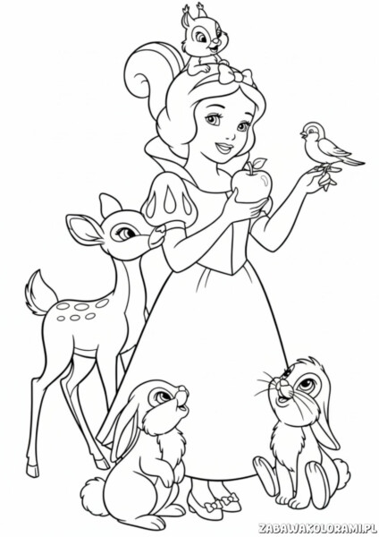 Kolorowanka księżniczki Śnieżka z przyjaciółmi z lasu