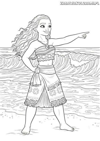 Kolorowanka księżniczki Vaiana - Vaiana na plaży z oceanem
