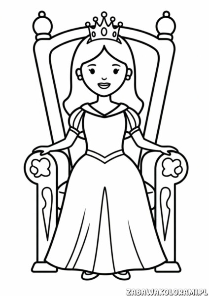 Kolorowanka księżniczki dla dzieci - księżniczka na tronie w eleganckiej suknio