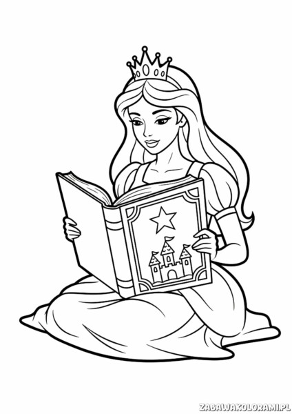Kolorowanka księżniczki dla dziewczynek - księżniczka czytająca książkę z zamkiem