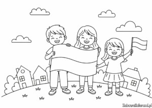 Kolorowanka na 11 Listopada przedstawiająca dzieci z flagą