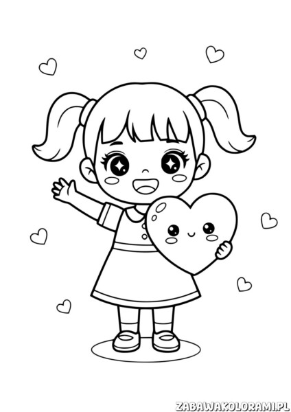 Kolorowanka na walentynki przedstawiająca dziewczynkę z serduszkami
