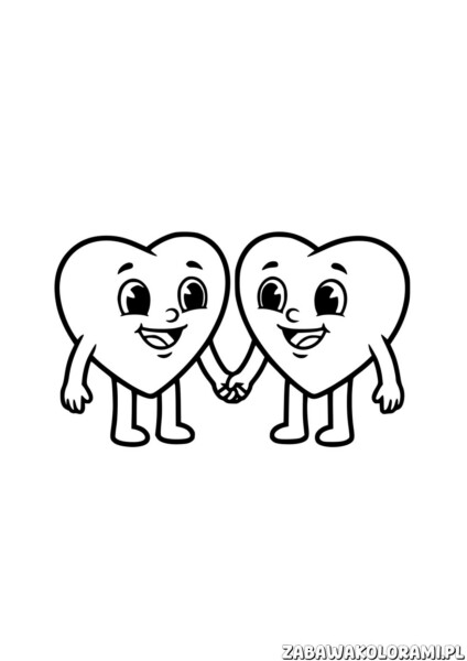Kolorowanka na walentynki – Serduszka: Dwa uśmiechnięte serduszka trzymające się za ręce.