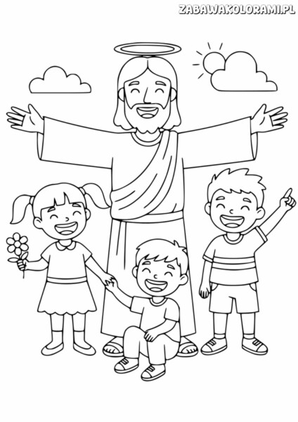 Kolorowanka religijna przedstawia świętego z dziećmi, wypełnij ją kolorami.
