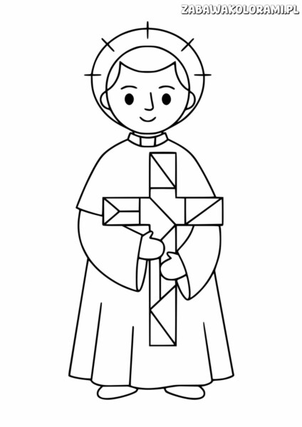 Kolorowanka religijna do druku przedstawia świętego z krzyżem