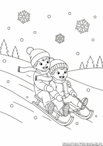 Kolorowanka sanki - Dzieci ślizgają się na sankach po śniegu