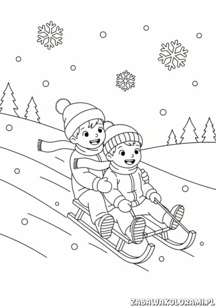 Kolorowanka sanki - Dzieci ślizgają się na sankach po śniegu