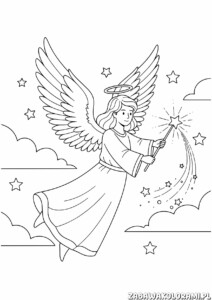 Kolorowanka świąteczna Aniołek z różdżką i gwiazdkami