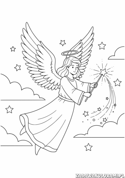 Kolorowanka świąteczna Aniołek z różdżką i gwiazdkami
