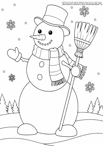 Kolorowanka świąteczna Bałwanek - kolorowanka z bałwanem, czapką i miotłą