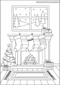Kolorowanka świąteczne – Kominek: Kominek, choinka i prezenty w czarno-białej kolorowance