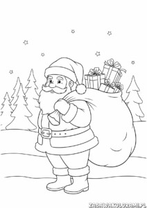 Kolorowanka święty mikołaj z prezentami: Święty Mikołaj z prezentami w lesie