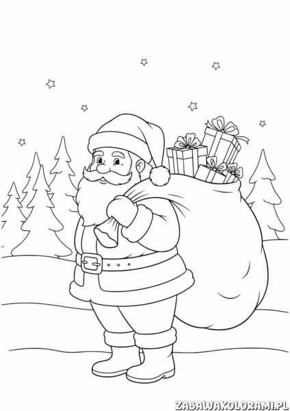 Kolorowanka święty mikołaj z prezentami: Święty Mikołaj z prezentami w lesie