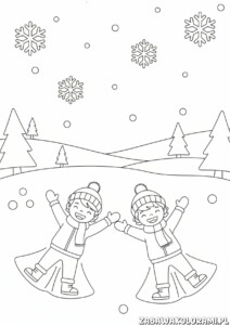 Kolorowanka zima - dwoje dzieci bawiące się w śniegu, zimowa przyroda