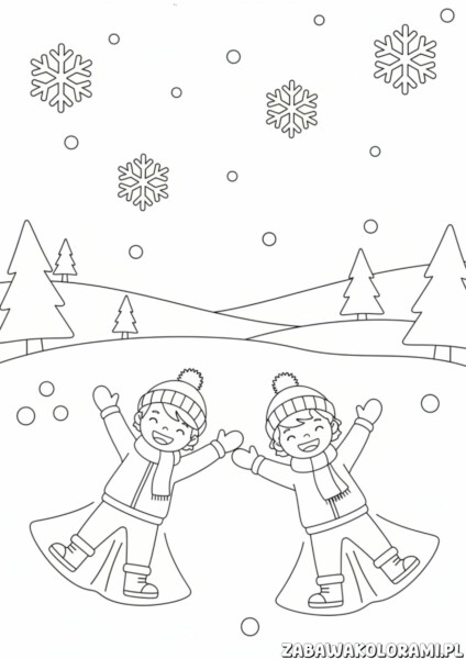 Kolorowanka zima - dwoje dzieci bawiące się w śniegu, zimowa przyroda