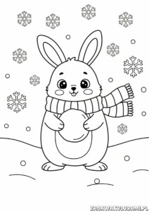 Kolorowanka zima do druku przedstawia króliczka w zimowej scenie