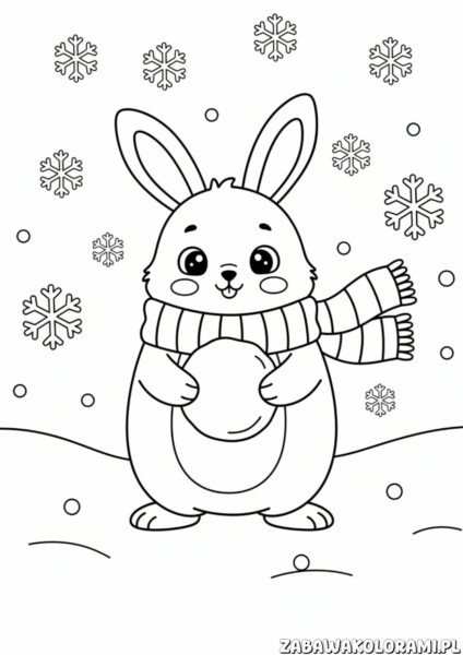 Kolorowanka zima do druku przedstawia króliczka w zimowej scenie