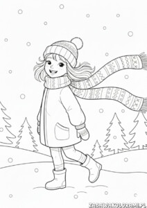 Kolorowanka zimowa przedstawiająca dziecko w zimowej scenerii