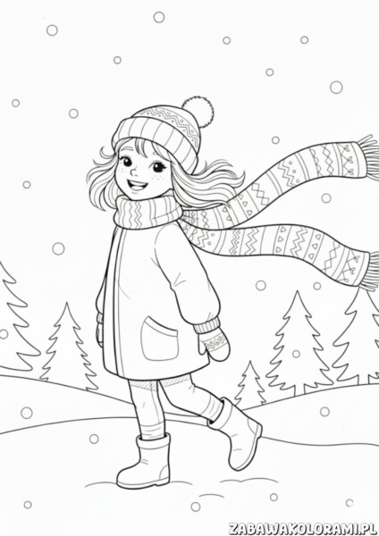 Kolorowanka zimowa przedstawiająca dziecko w zimowej scenerii