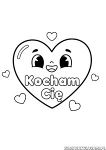 Kolorowanki Walentynki do druku - serduszko z twarzykiem i napisem Kocham Cię