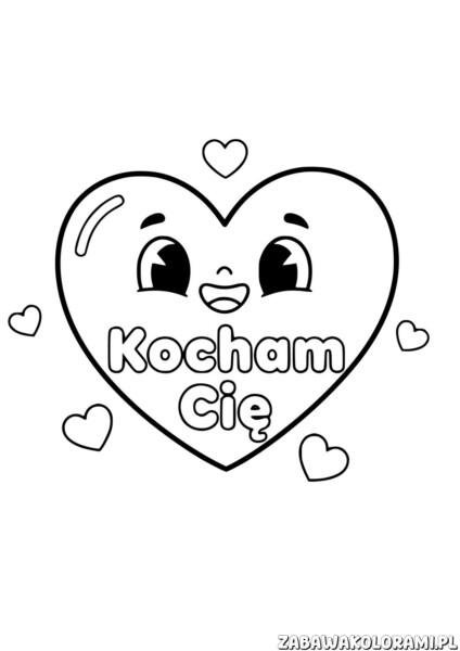 Kolorowanki Walentynki do druku - serduszko z twarzykiem i napisem Kocham Cię