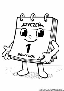 Kolorowanki nowy rok przedstawiają radosnego kalendarza z twarzą i numerem 1