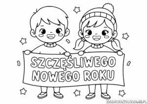 Kolorowanki nowy rok: Dzieci z banerem szczęśliwego nowego roku