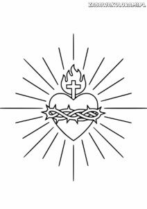Kolorowanki religijne do druku - Serce z koroną cierniową i płonącym krzyżem