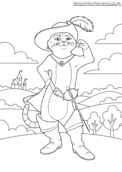 Kot w butach – kolorowanka Shrek z mieczem i kapeluszem, gotowy do przygody