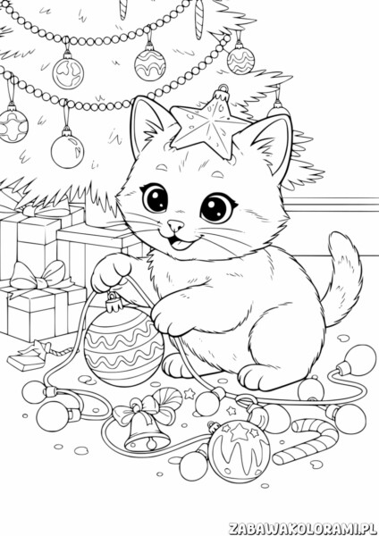 Kot z ozdobami świątecznymi Kolorowanka - kolorowanka z kotem i ozdobami świątecznymi