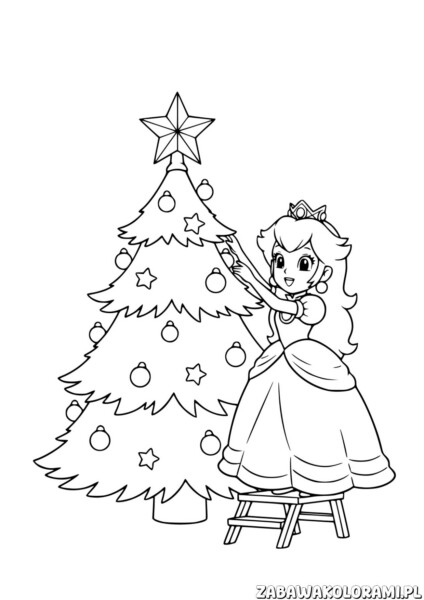 Księżniczka Peach (Mario) – choinka kolorowanka: księżniczka ozdabia choinkę świąteczną