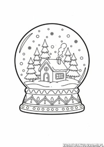 Kula śnieżna kolorowanka przedstawiająca zimową scenę z domkiem i drzewami