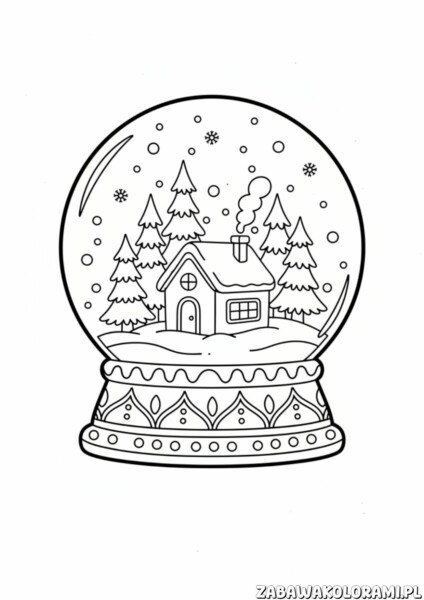 Kula śnieżna kolorowanka przedstawiająca zimową scenę z domkiem i drzewami