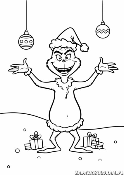 Malowanka Grinch - kolorowanka z Grinchem i świątecznymi elementami