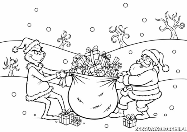 Mikołaj i Grinch Kolorowanka - Świąteczna kolorowanka z Mikołajem i Grinchem w śnieżnym pejzażu.
