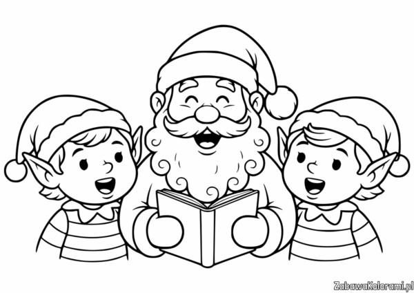 Mikołaj z dziećmi kolorowanka przedstawia scenę z Mikołajem i dwoma elfami czytającymi książkę.