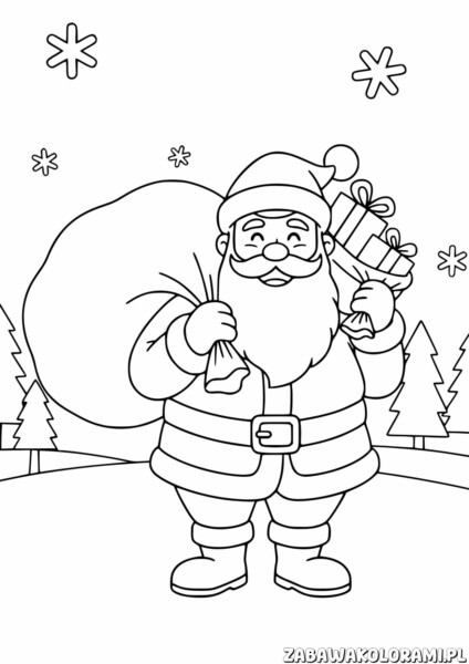 Mikołaj z prezentami świątecznymi Kolorowanka - świąteczna zabawa dla dzieci