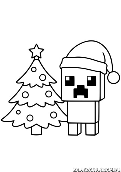 Minecraft Creeper choinka kolorowanka: Creeper w czapce św. Mikołaja obok choinki z ozdobami
