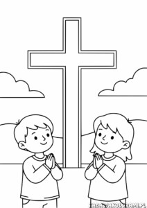 Modlące się dzieci - Kolorowanka religijna z dwoma dziećmi modlącymi się przed krzyżem.