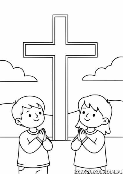 Modlące się dzieci - Kolorowanka religijna z dwoma dziećmi modlącymi się przed krzyżem.