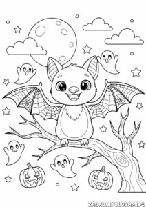 Nietoperz halloween kolorowanka - Nietoperz na gałęzi z elementami halloweenowymi