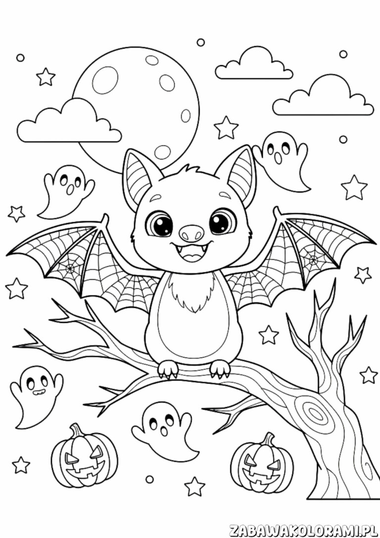 Nietoperz halloween kolorowanka - Nietoperz na gałęzi z elementami halloweenowymi